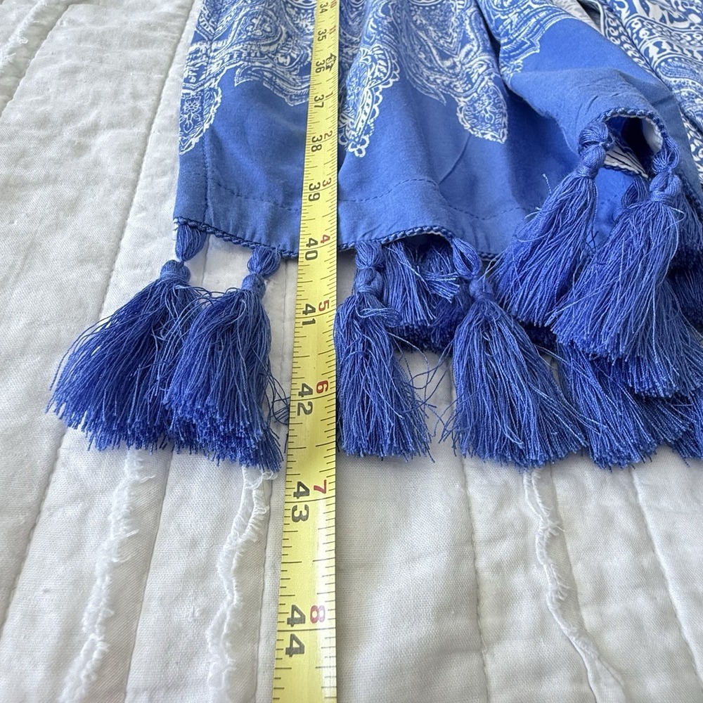 Chicos Kimono Duster Womens Blue Tassels Boho Beach Resort Bold Coastal Tropical - Picture 9 of 10